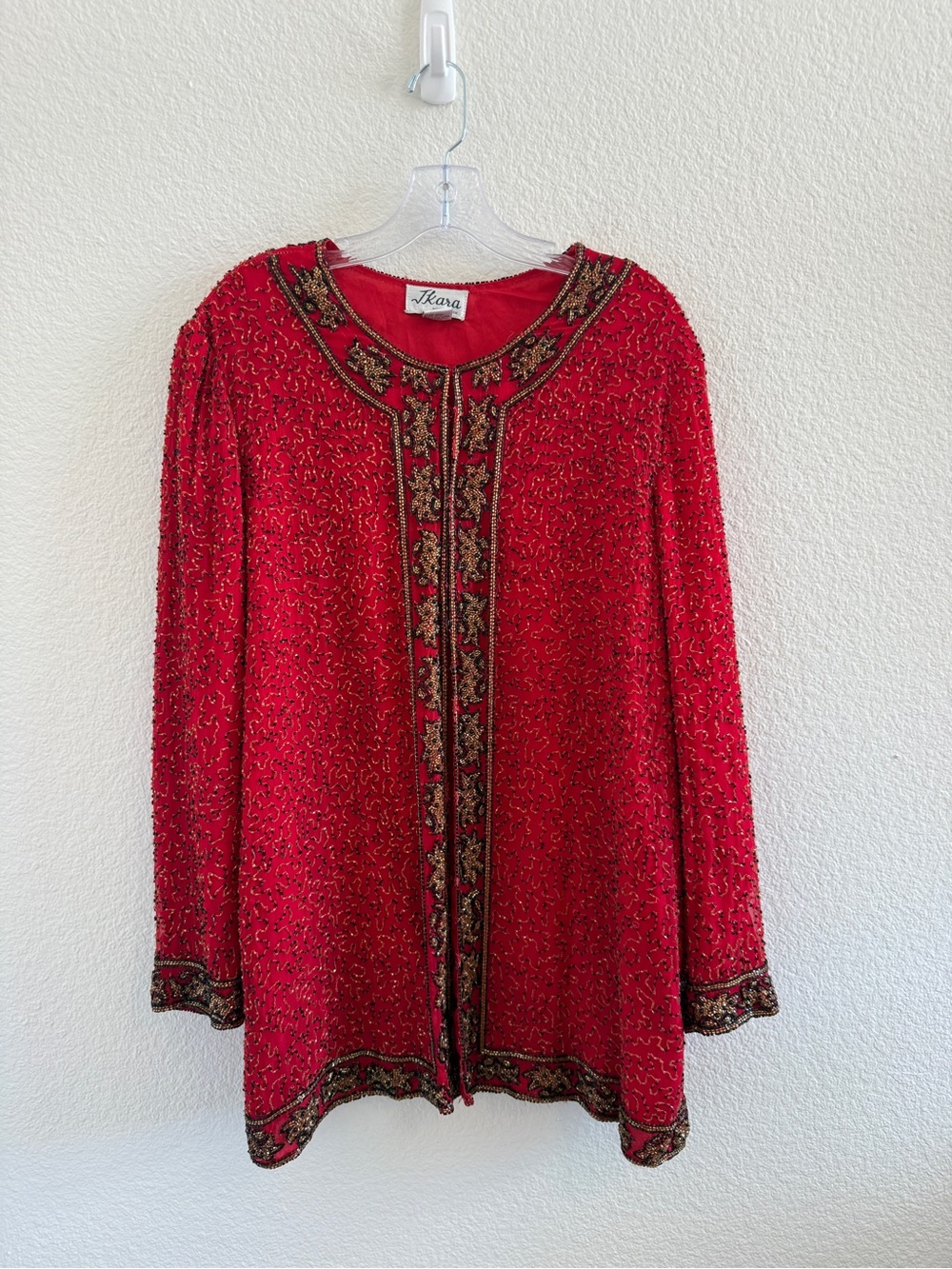 Vintage 100% Silk Red Beaded Jacket with Gold and Black Design by J Kara